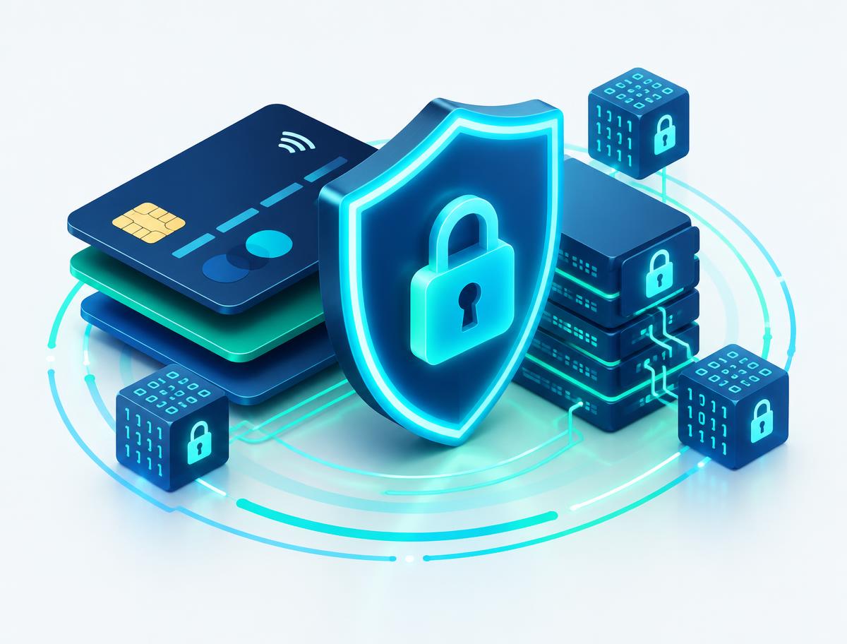 Shield and padlock protecting payment cards and encrypted data